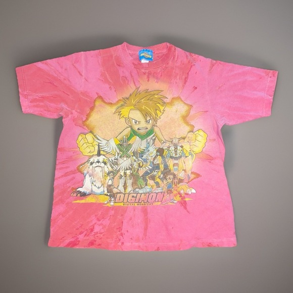 Tie-Dye Tops - Vintage Digimon Pink Tie-Dye Shirt - Youth Size Large (Womens Small)